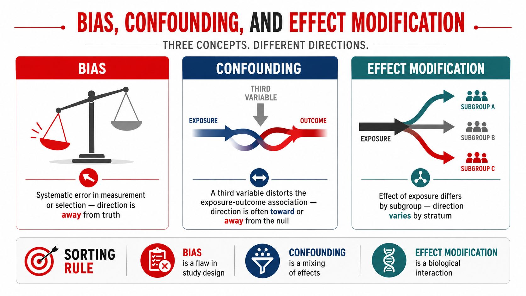 An infographic explaining the differences between bias, confounding, and effect modification in epidemiology and research study design.