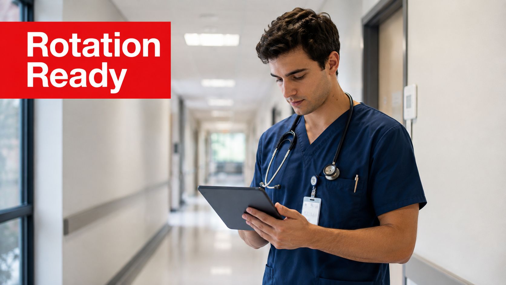 A young male medical professional in navy blue scrubs looking at a digital tablet in a hospital hallway.