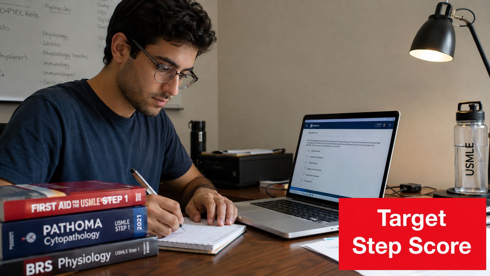 A focused student studying for the USMLE exam at a desk with medical textbooks and a laptop.