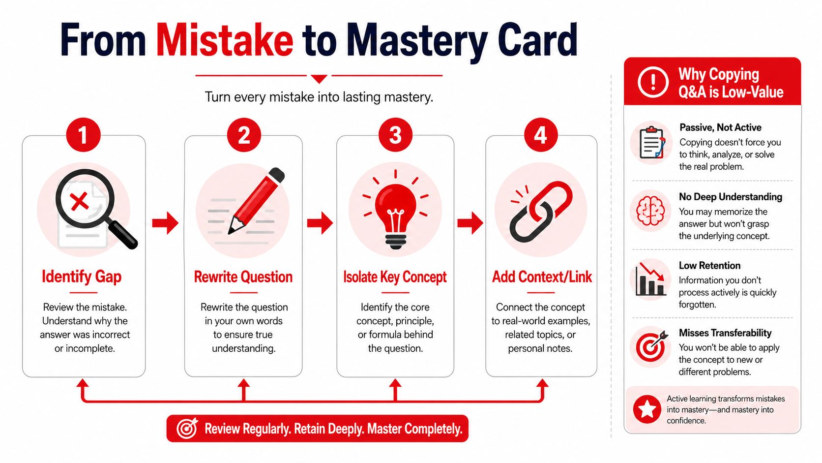 A four-step infographic showing how to turn study mistakes into mastery through active learning and review techniques.