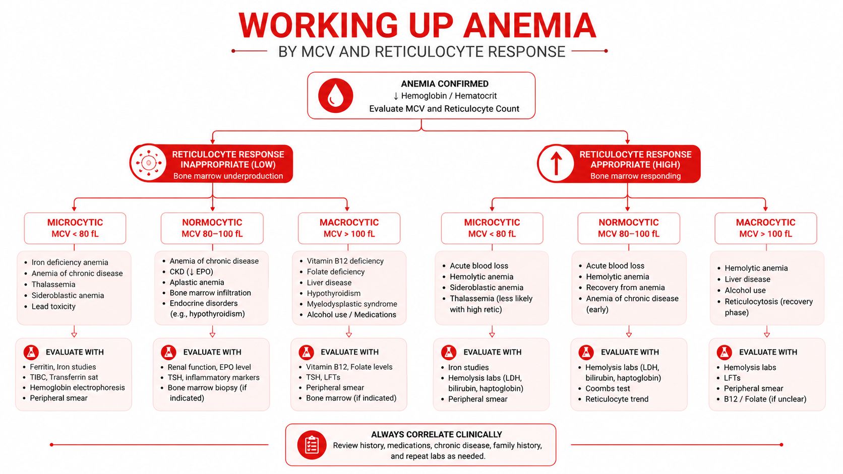 A diagnostic flowchart for anemia categorized by MCV values and reticulocyte response, outlining potential causes and evaluations.
