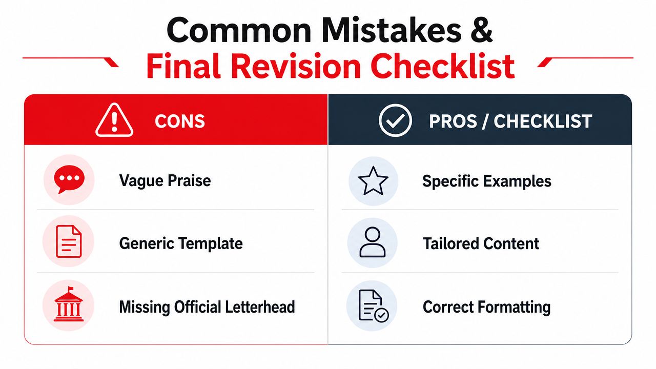 A comparison chart showing common mistakes versus a final revision checklist for professional support letters.