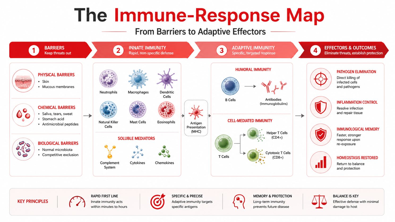 A detailed infographic titled The Immune-Response Map, showing four stages of the immune system from barriers to protection.