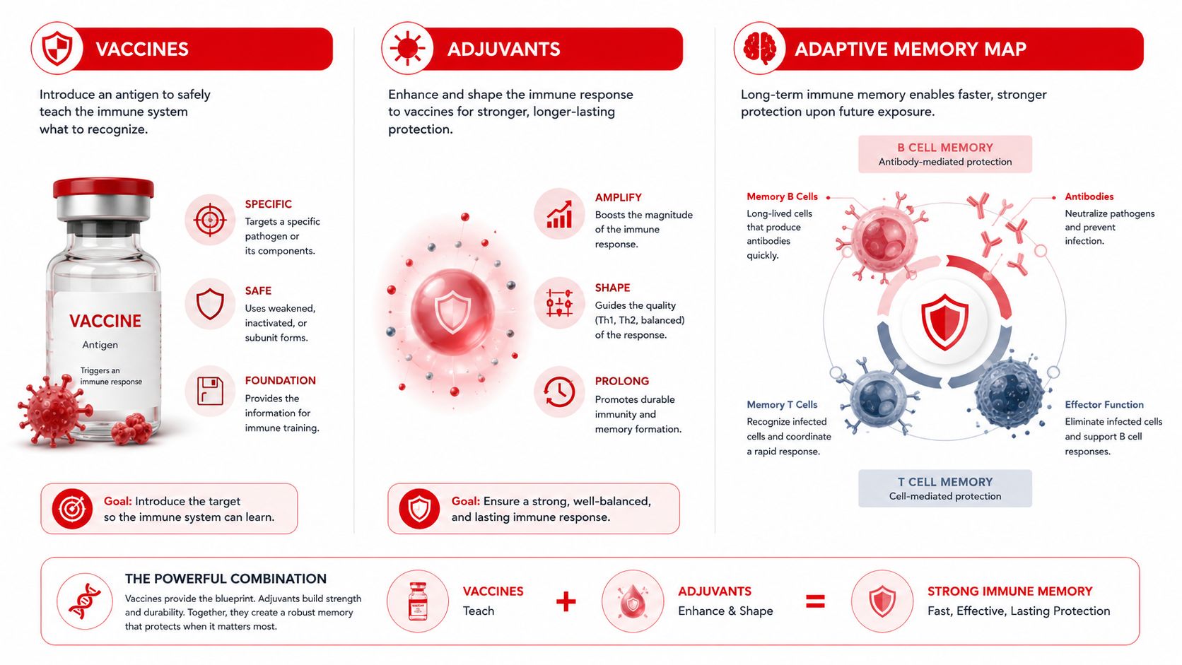 An infographic explaining how vaccines and adjuvants work together to create long-term immune system memory and protection.
