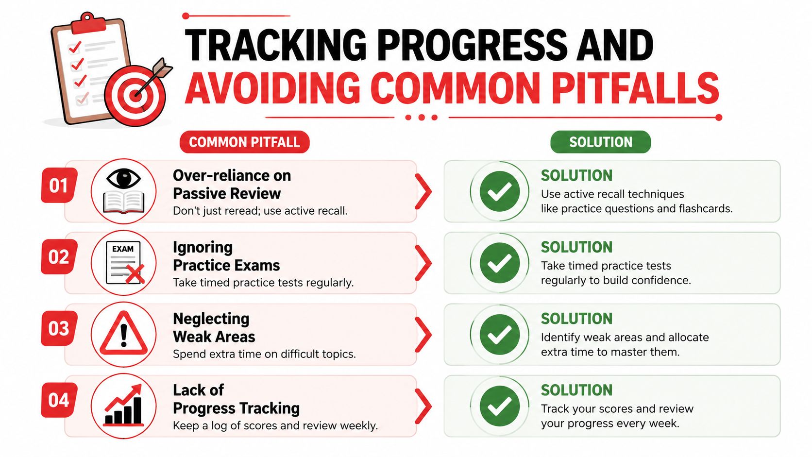 An infographic illustrating four common study pitfalls and their corresponding solutions to improve academic performance.
