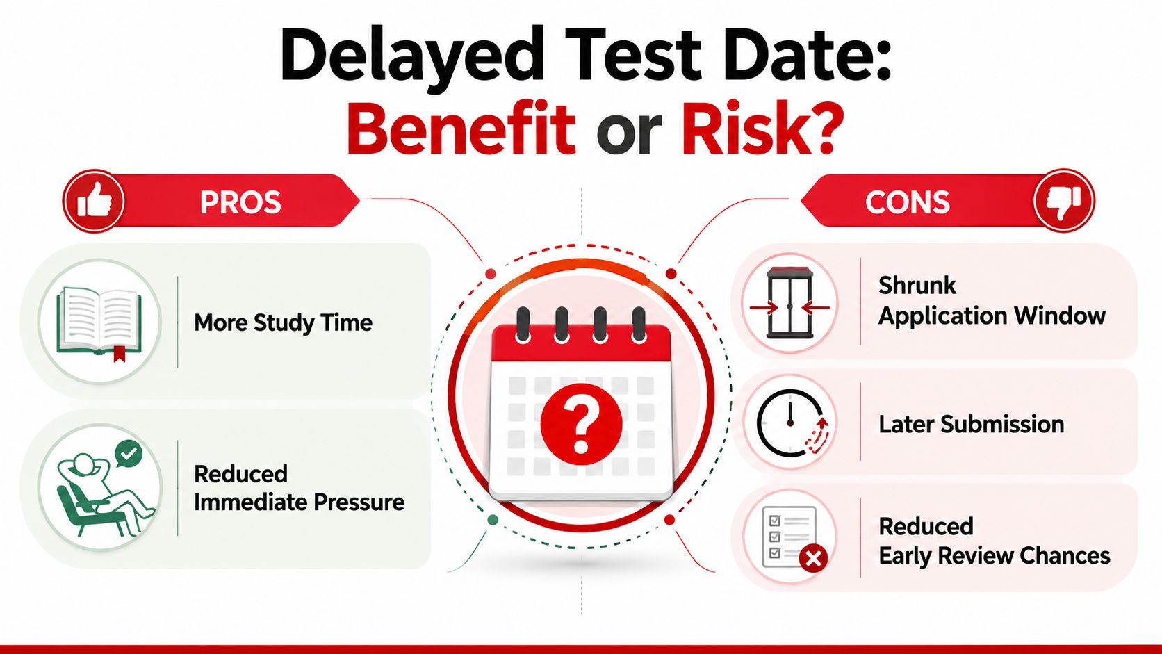 A pros and cons chart comparing the benefits and risks of having a delayed exam test date.