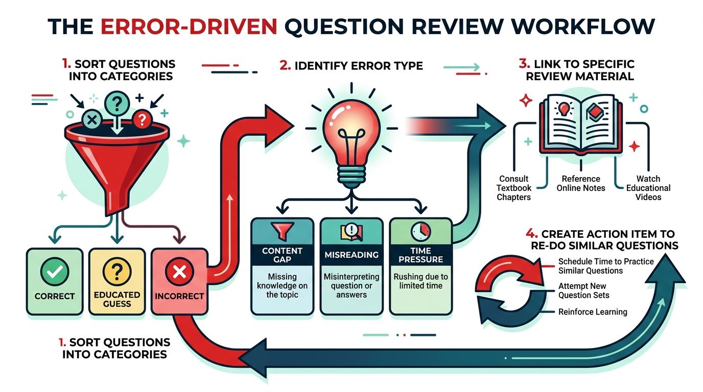 An infographic showing a four-step error-driven workflow for reviewing test questions and improving learning outcomes.