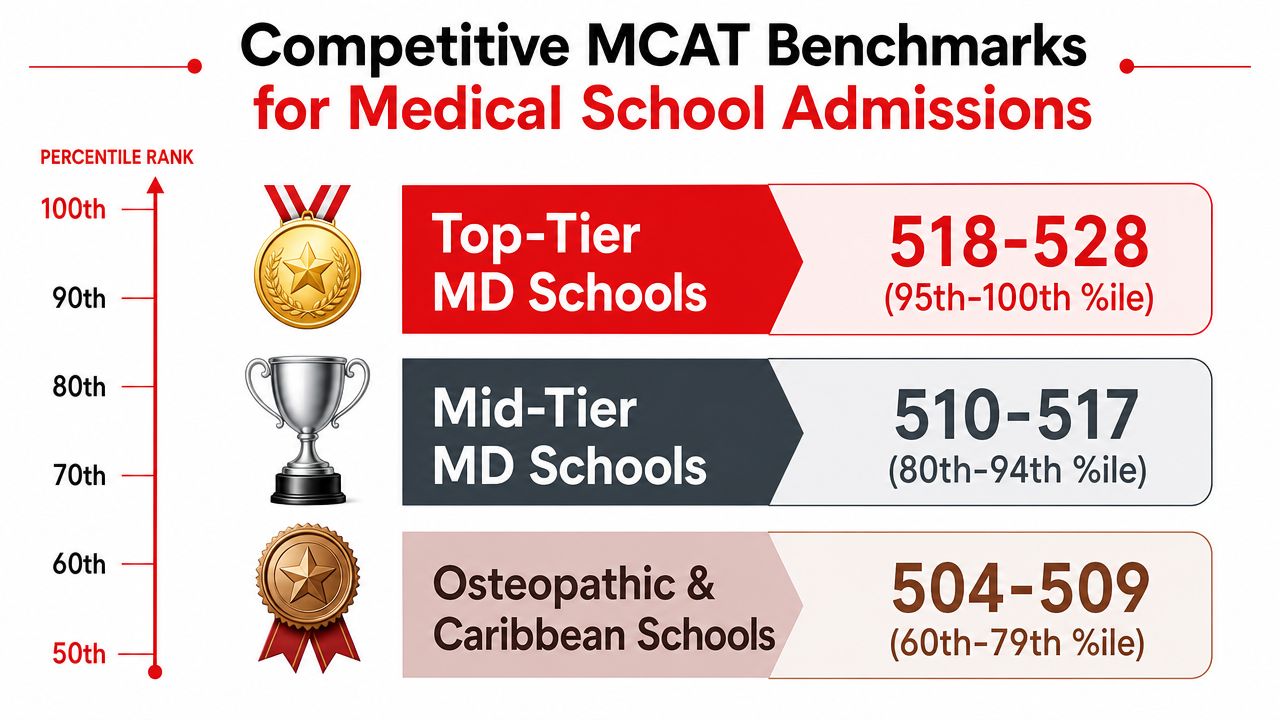 A chart showing competitive MCAT score ranges and percentile ranks for different types of medical schools.