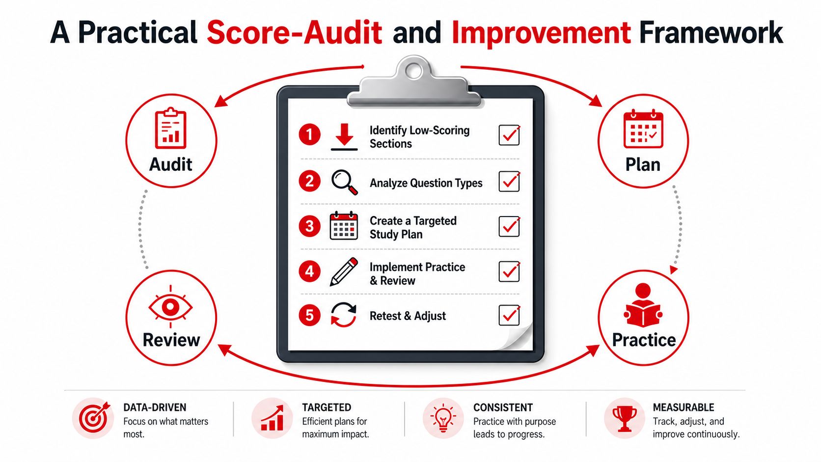 A five-step framework illustrating a process for auditing scores and implementing a structured study improvement plan.