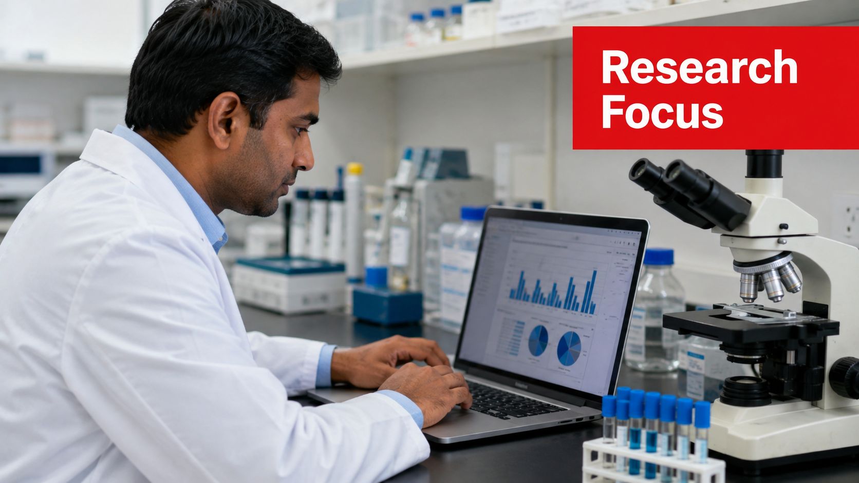 A male researcher in a lab coat analyzing scientific data on a laptop near a microscope.