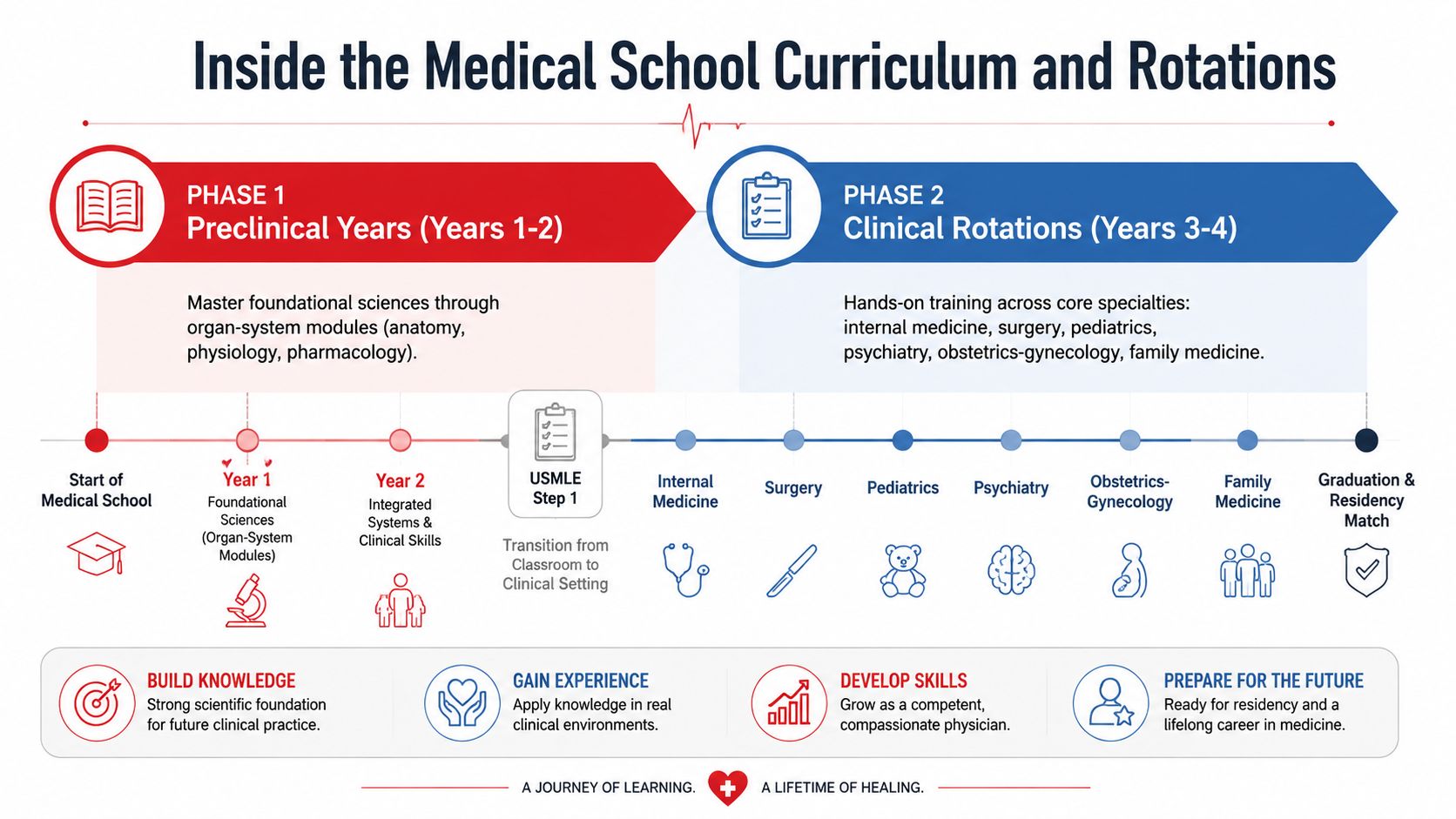 An infographic detailing the four-year medical school curriculum consisting of two years of preclinical study and two years of clinical rotations.