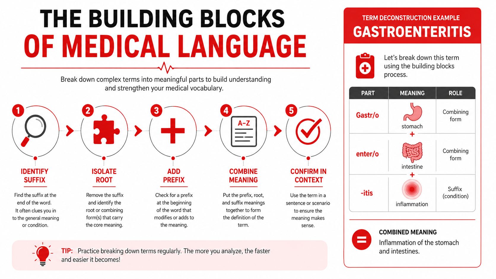 A step-by-step infographic illustrating the five-step process for deconstructing complex medical terms using gastroenteritis as an example.