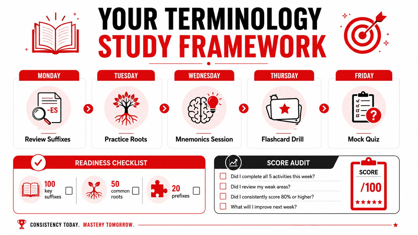 A structured terminology study framework with a weekly schedule, checklist, and audit for academic success.