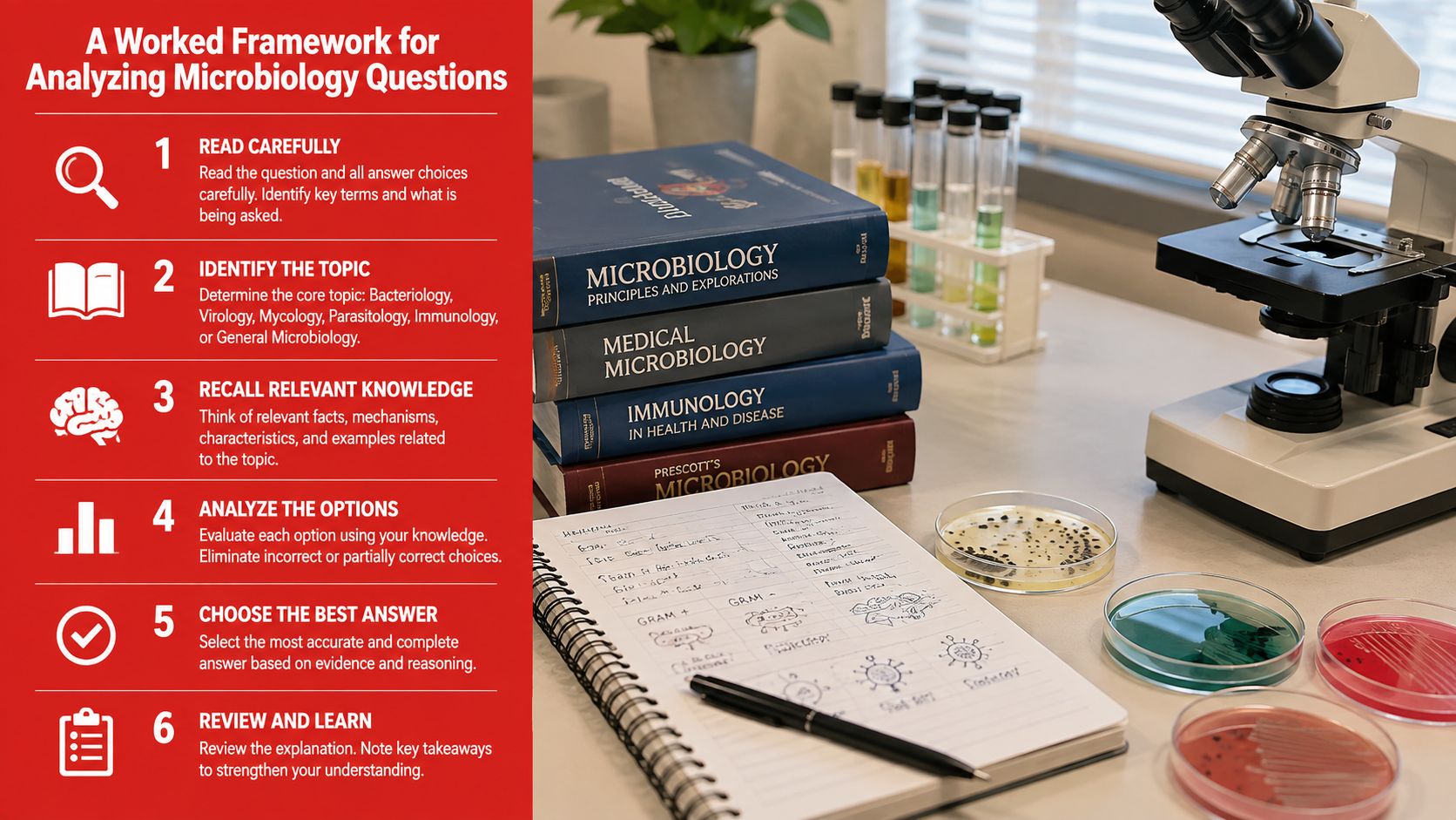 A study guide titled A Worked Framework for Analyzing Microbiology Questions next to textbooks, a microscope, and petri dishes.