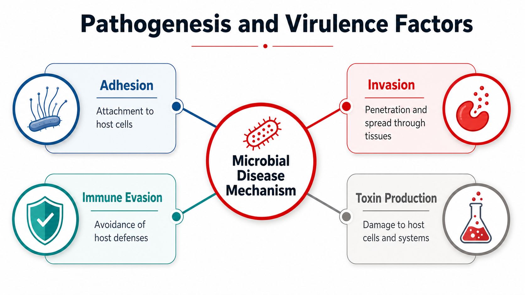 A diagram illustrating the four main microbial disease mechanisms: adhesion, invasion, immune evasion, and toxin production.