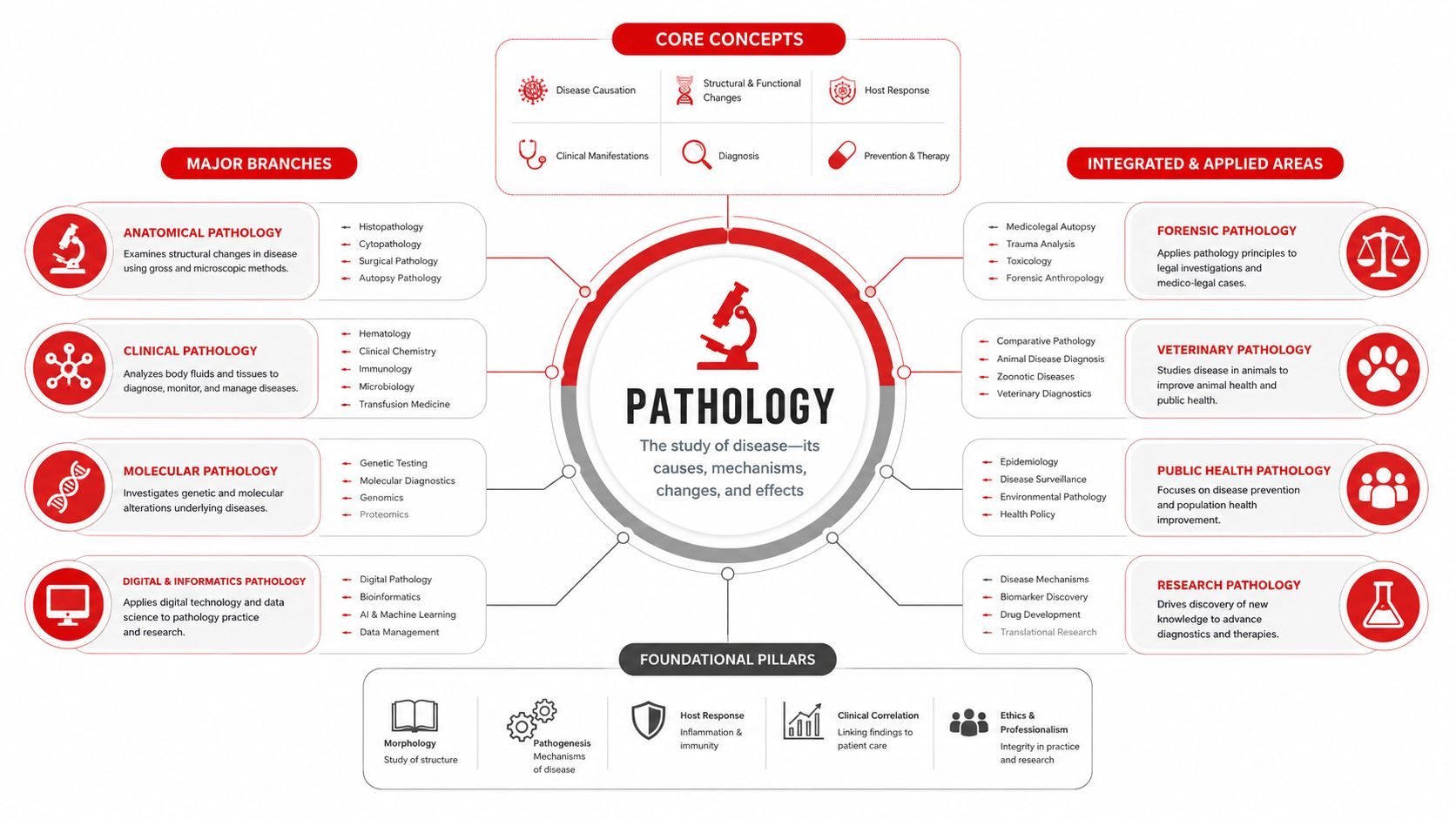 An infographic diagram outlining the core concepts, branches, and foundational pillars of the field of pathology.