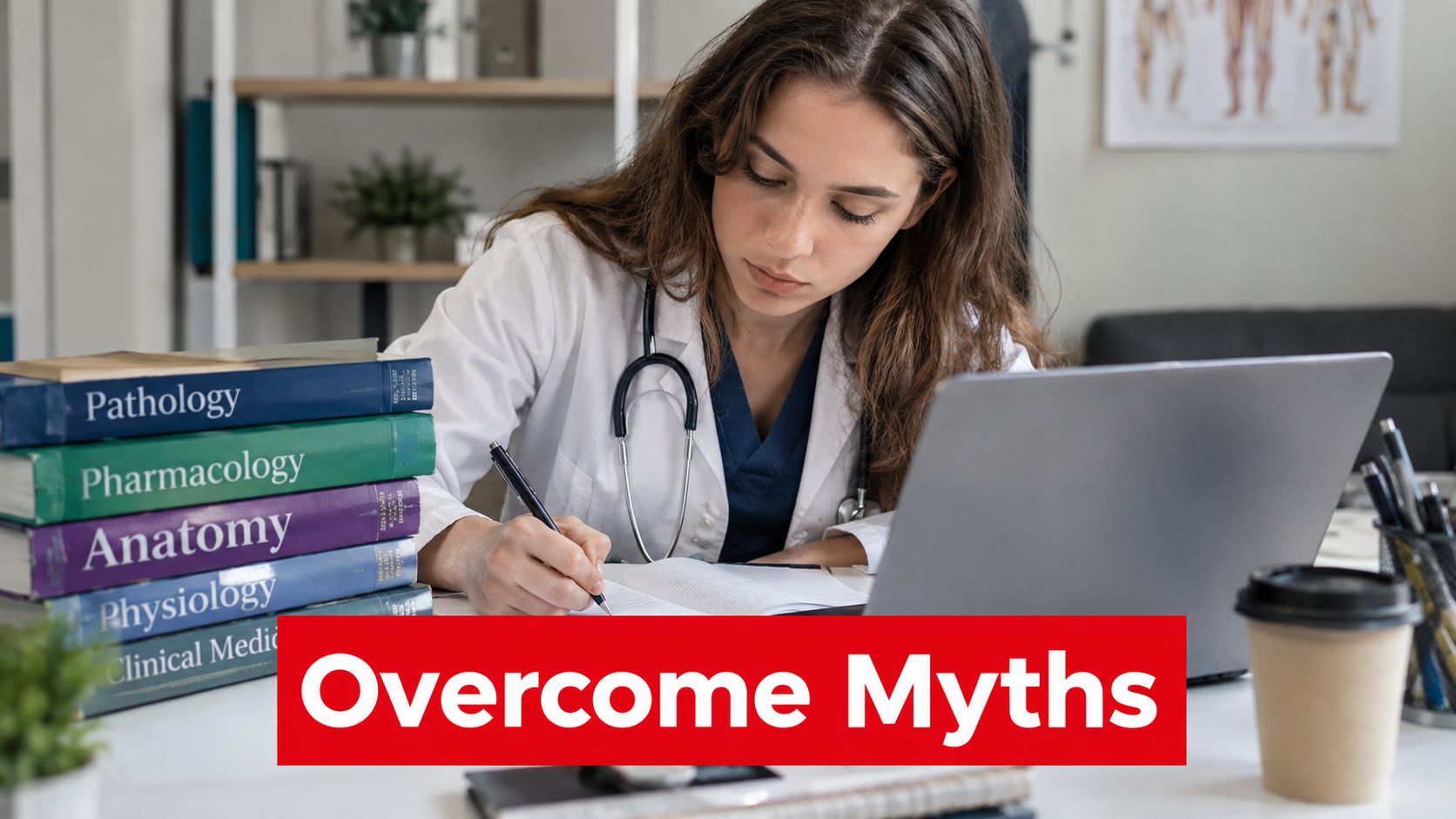 A focused medical student wearing a white lab coat studying with textbooks and a laptop at her desk.