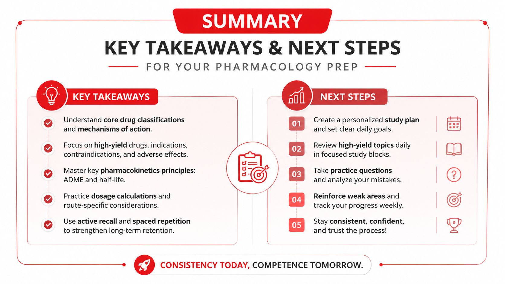 A summary infographic for pharmacology preparation highlighting key takeaways and recommended next steps for students.