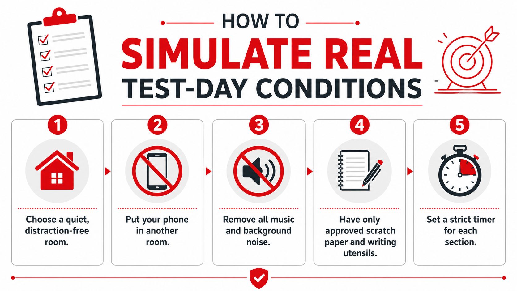 An infographic titled How to Simulate Real Test-Day Conditions, listing five steps for creating a focused exam environment.