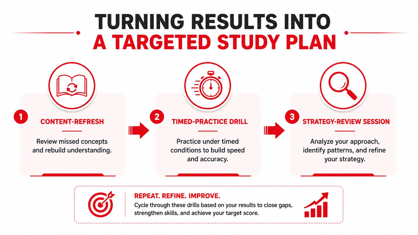 A three-step infographic showing a targeted study plan for test preparation including content refresh and practice.
