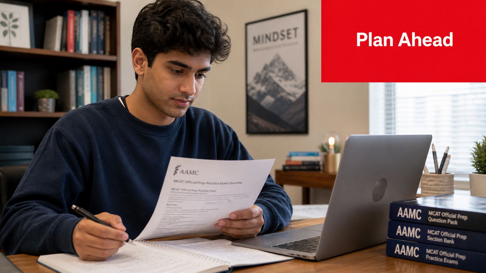 A student focused on studying for the MCAT using official AAMC prep materials at a desk.
