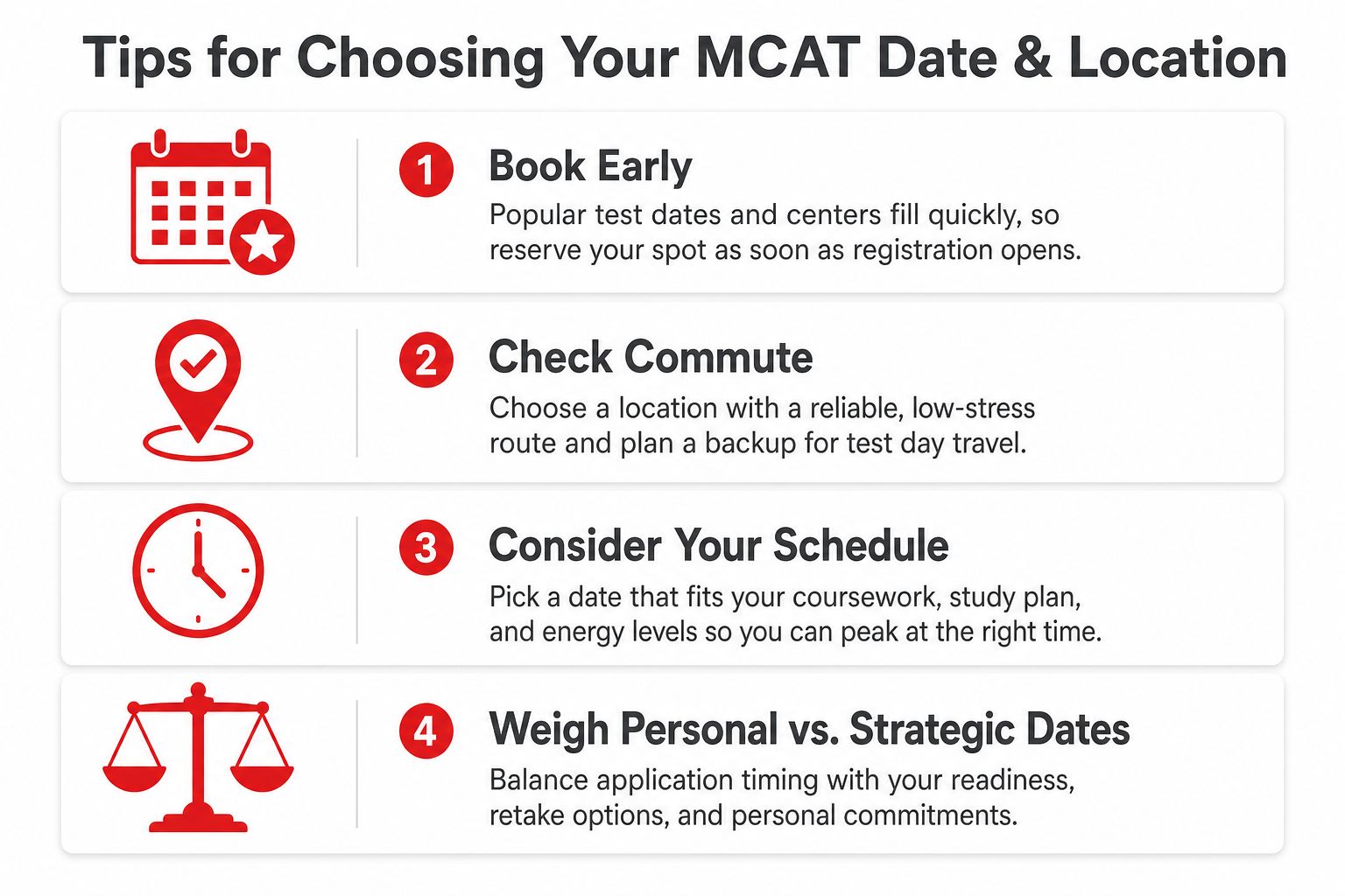 An infographic titled Tips for Choosing Your MCAT Date and Location providing four essential advice points.