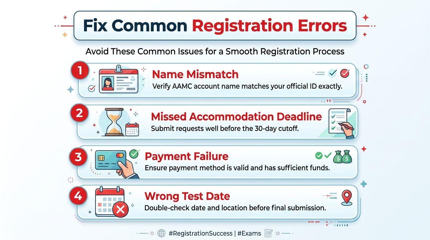 An infographic titled Fix Common Registration Errors providing tips for a smooth AAMC registration process.