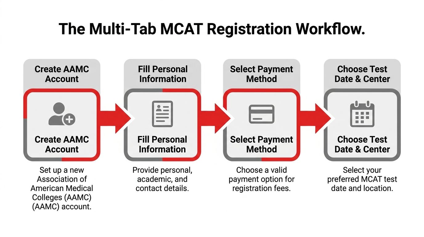 A flowchart showing the four steps of the MCAT registration process from account creation to scheduling.