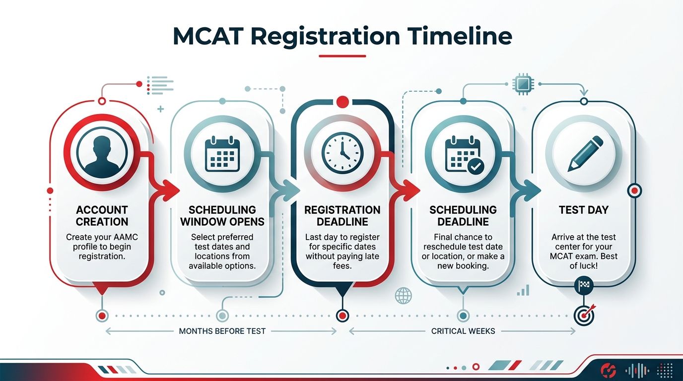 A visual flow chart illustrating the step-by-step MCAT registration timeline from account creation to test day.