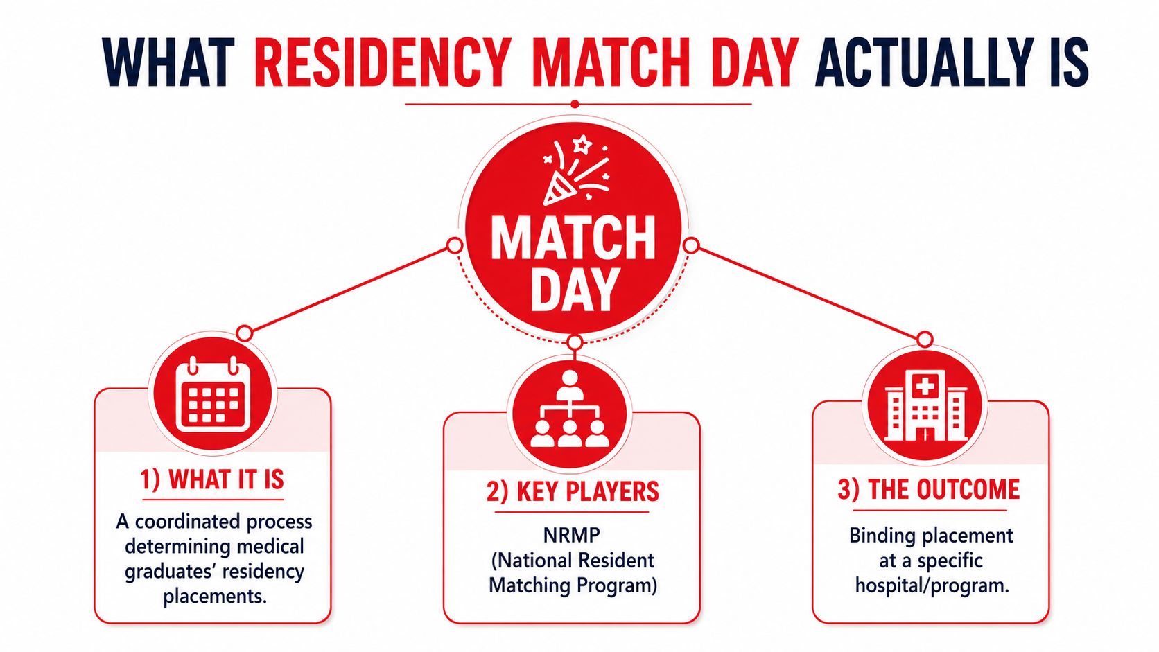 An infographic titled What Residency Match Day Actually Is, outlining the process, key players, and outcomes.