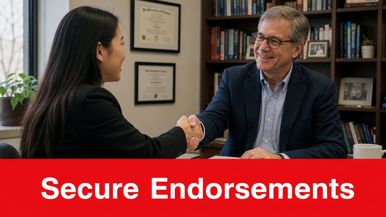 A professor and a female student shaking hands in a scholarly office environment.