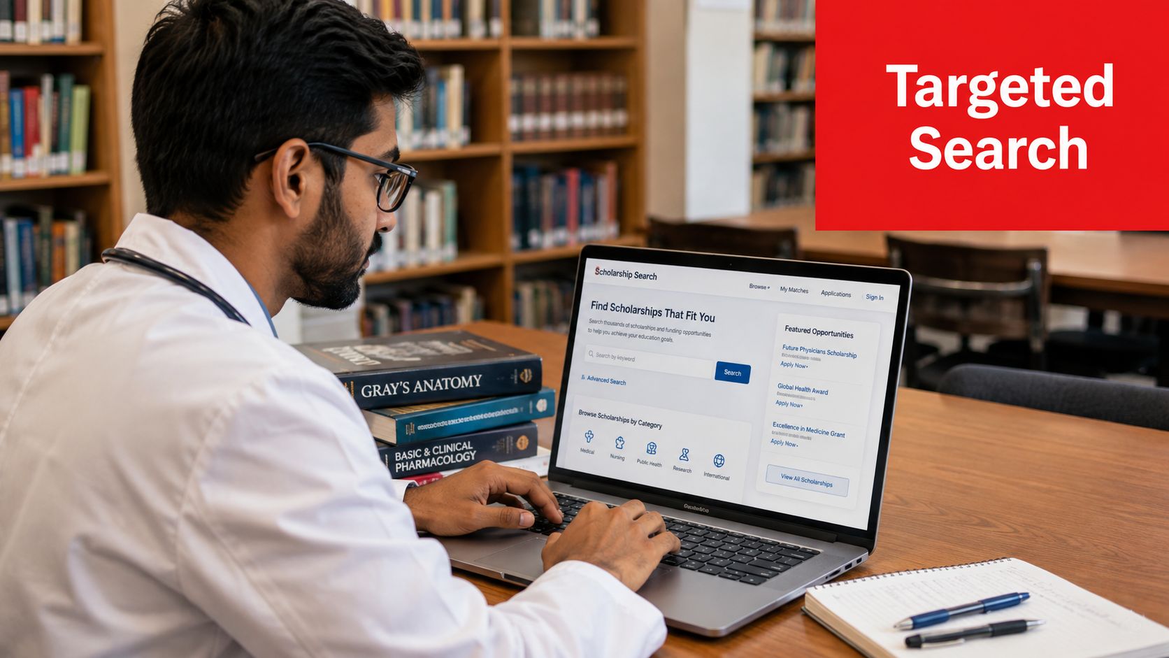 A medical student uses a laptop to search for specialized scholarship opportunities in a quiet library setting.