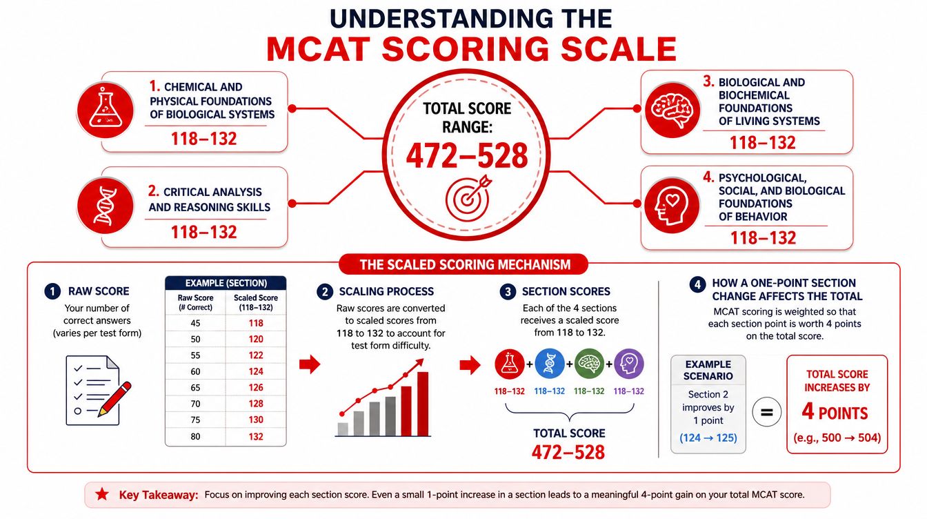 An infographic showing the MCAT scoring scale, including section ranges and the total score calculation method.