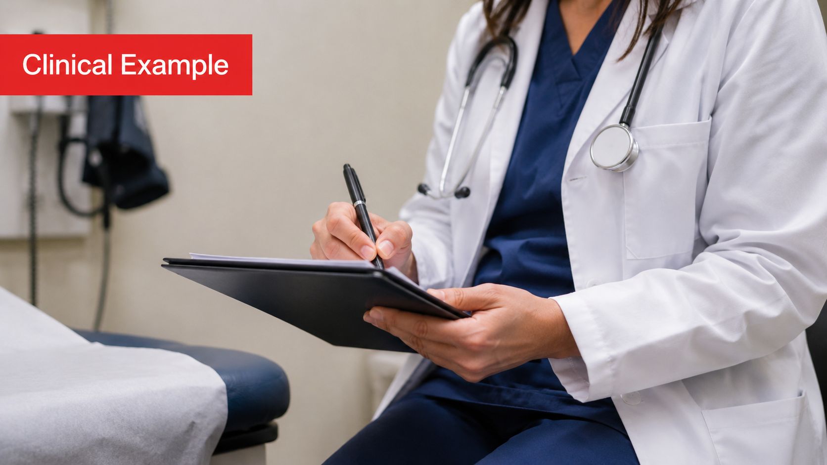 A doctor in a white lab coat and stethoscope writing on a clipboard in an exam room.