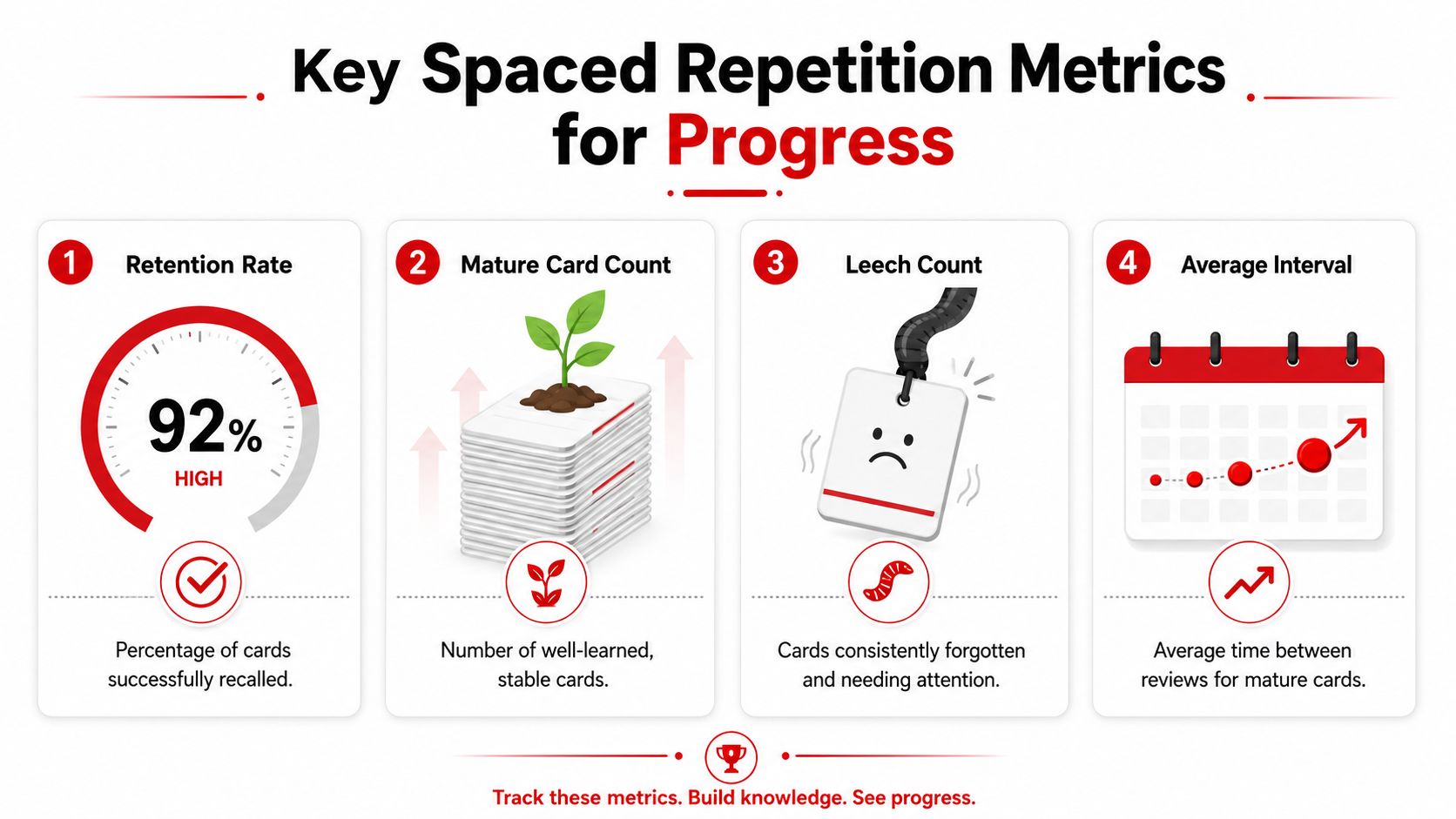 An infographic showing four key spaced repetition metrics for learning progress, including retention rate, mature cards, leeches, and intervals.
