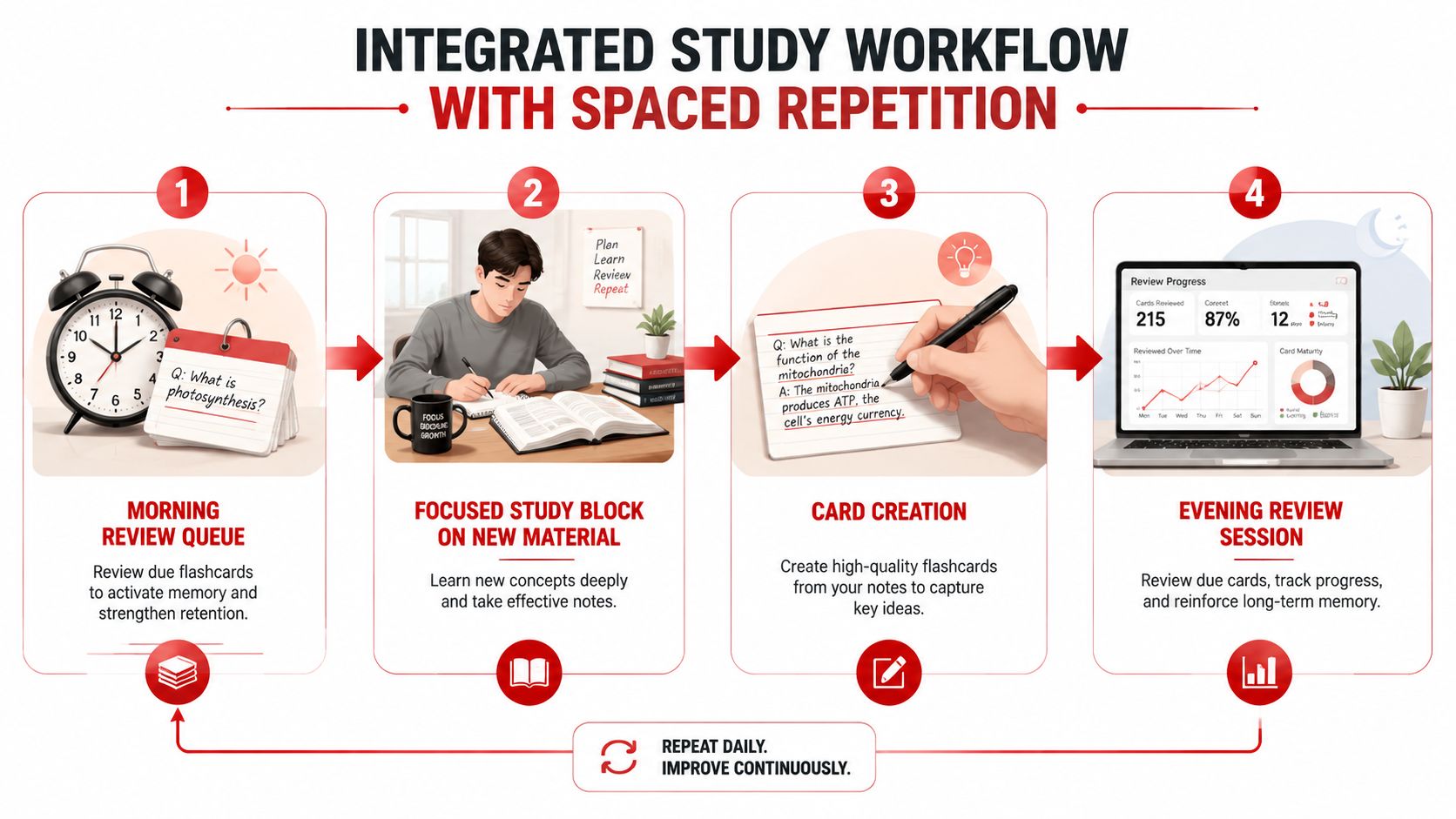 A four-step infographic illustrating an integrated study workflow using the spaced repetition learning method.