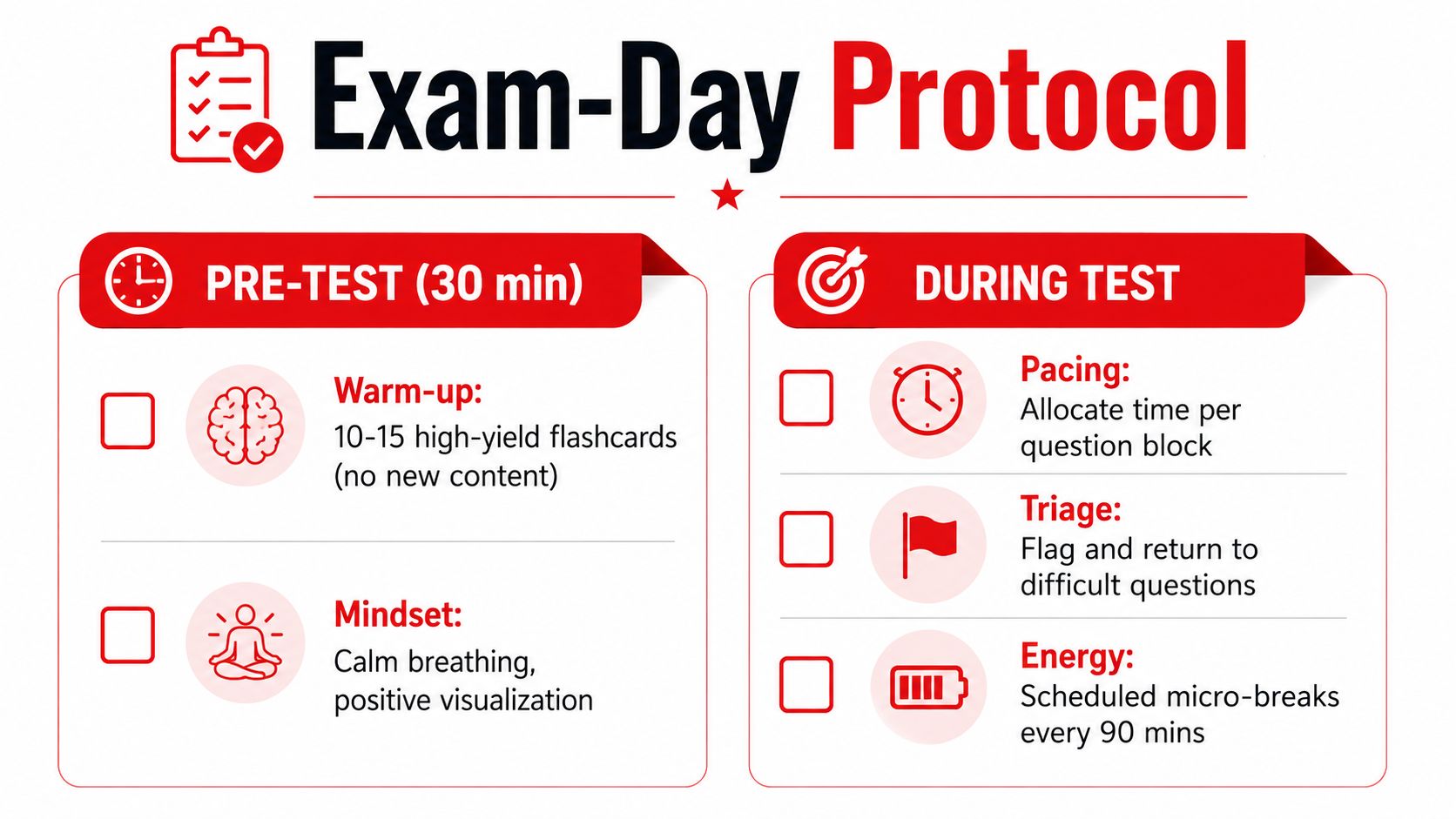 An infographic titled Exam-Day Protocol detailing pre-test warm-up and mindset tips alongside during-test strategies like pacing and breaks.