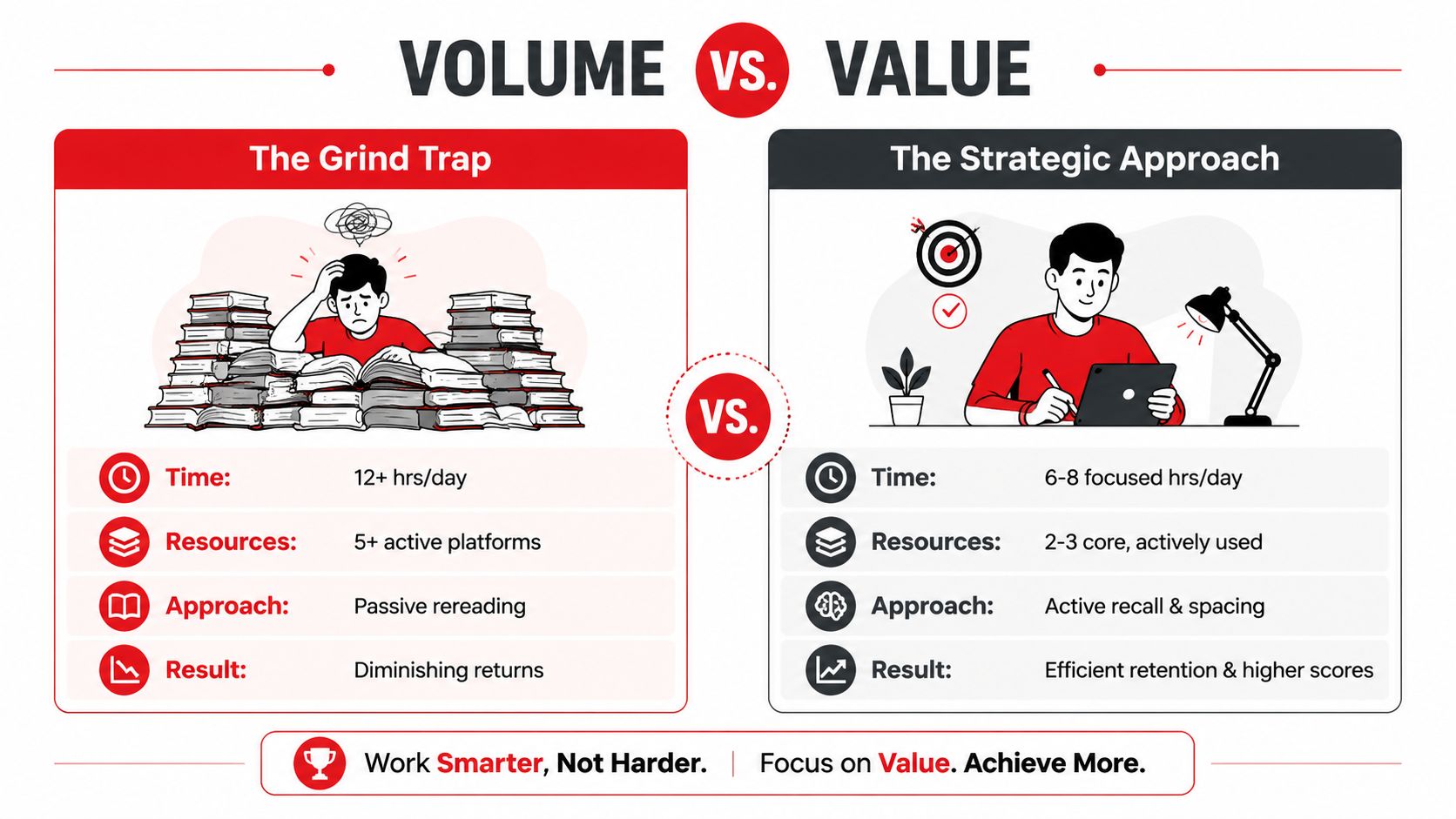 A comparison chart showing the difference between inefficient study volume and a high-value strategic approach to learning.
