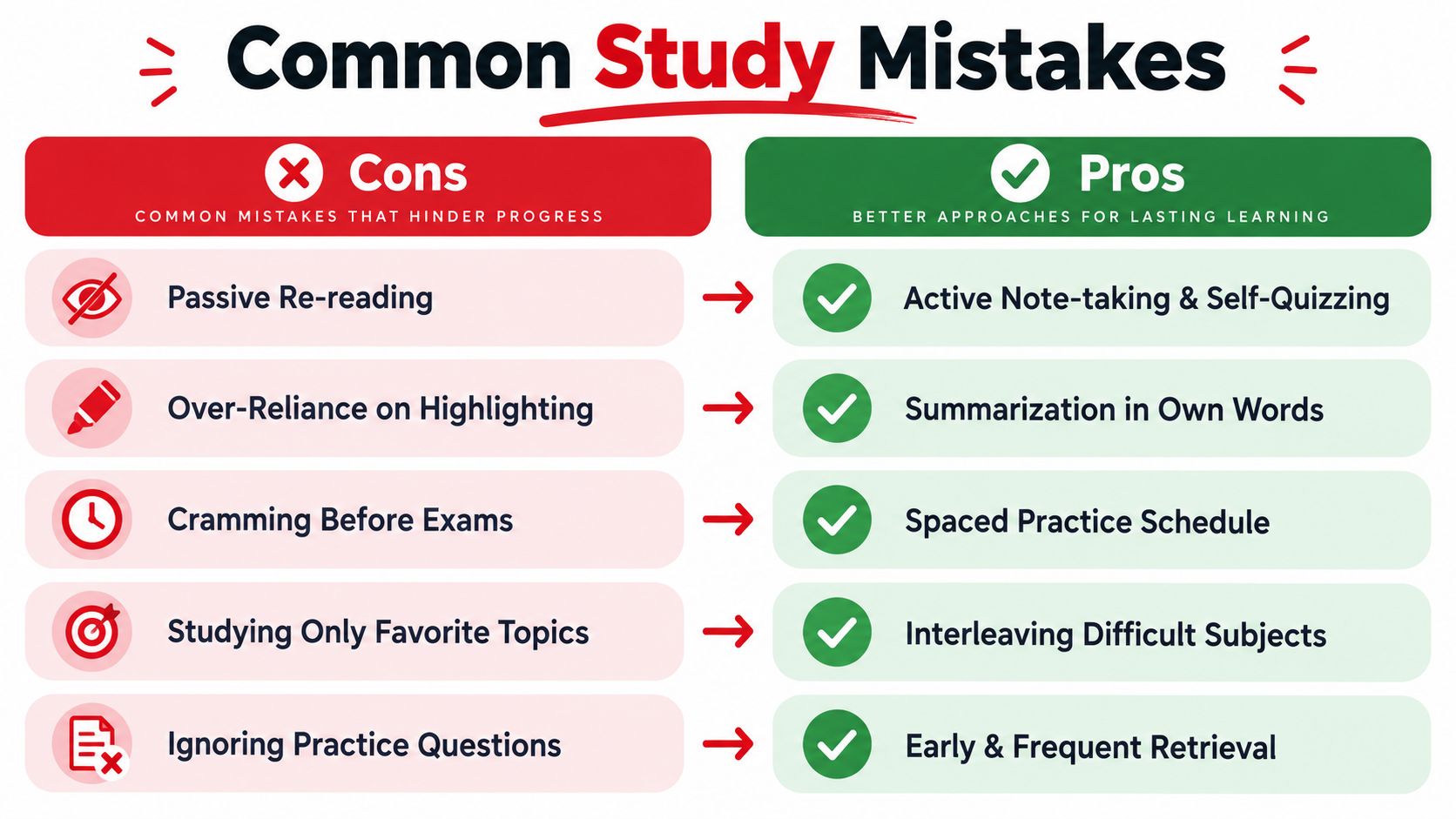 A comparison chart showing common study mistakes versus effective learning strategies for students to improve performance.