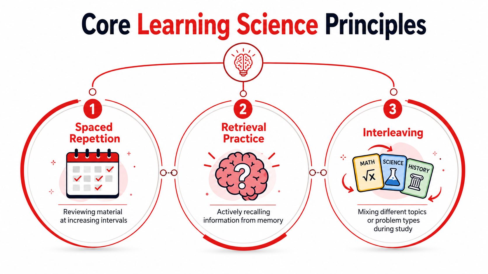 An infographic titled Core Learning Science Principles featuring Spaced Repetition, Retrieval Practice, and Interleaving study techniques.