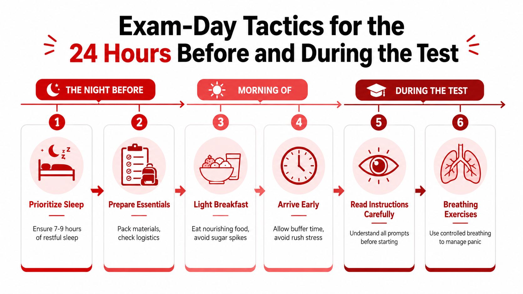 A six-step infographic detailing helpful strategies for students during the 24 hours before and during an exam.