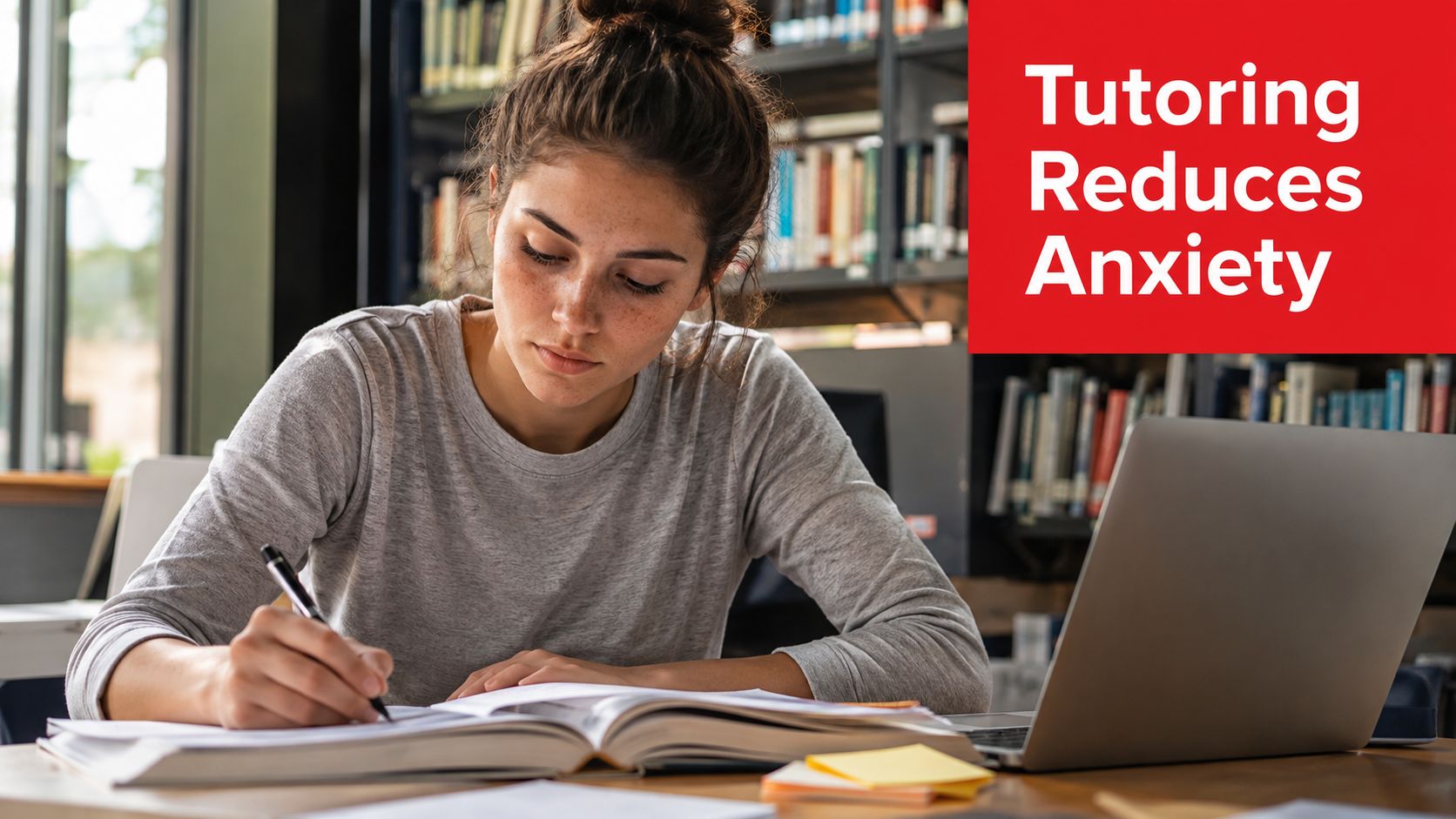 A focused young student writing in a textbook with a laptop on a library desk.
