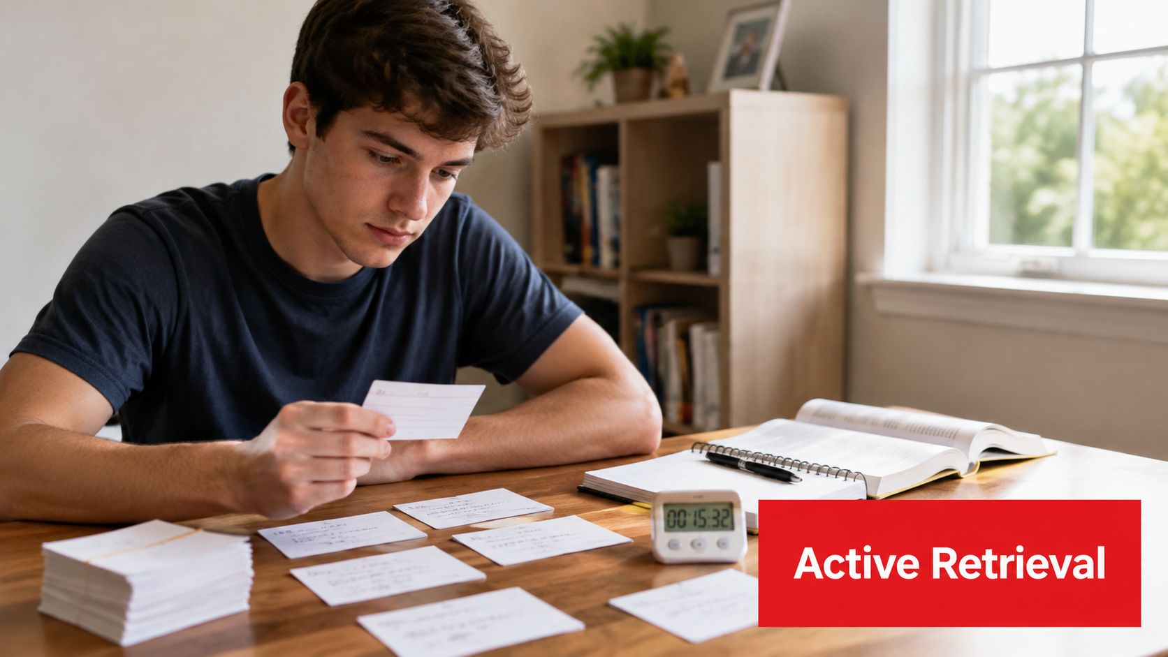 A focused young male student studying with flashcards at a wooden table with a timer.