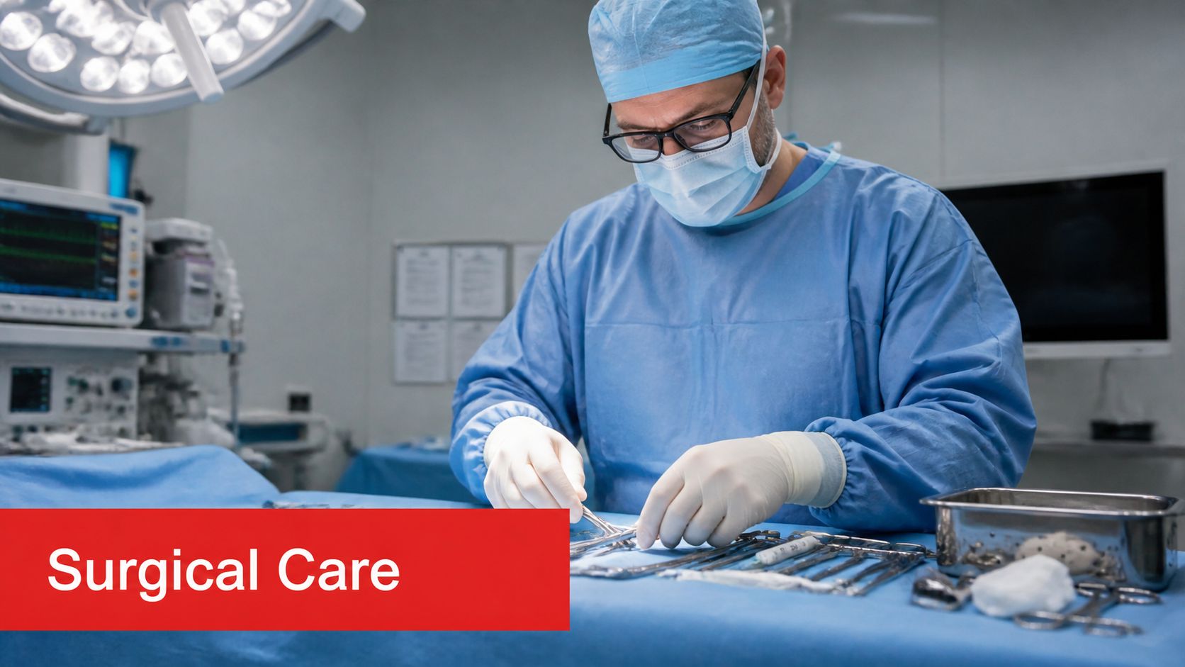 A surgeon in scrubs, mask, and gloves carefully handles stainless steel medical instruments in an operating room.