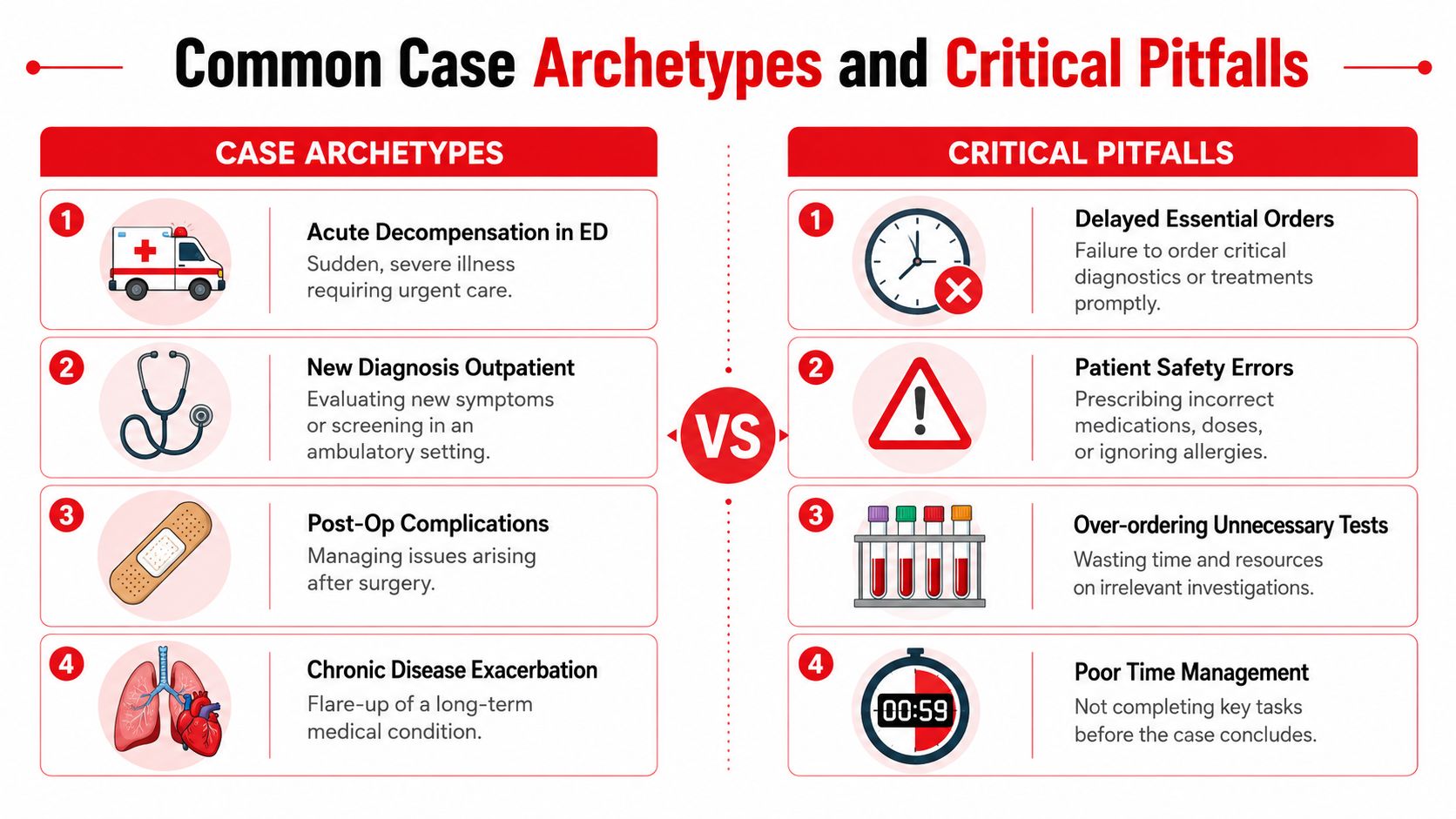 A table comparing common medical case archetypes and critical pitfalls to avoid during clinical examinations.