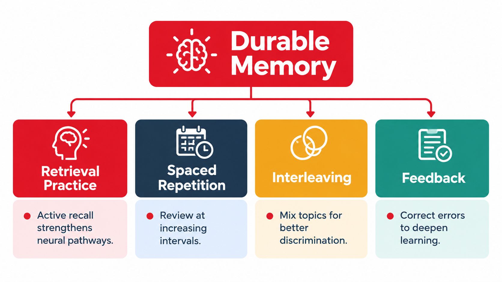 A diagram illustrating four key study methods for building durable memory, including retrieval practice, spaced repetition, interleaving, and feedback.