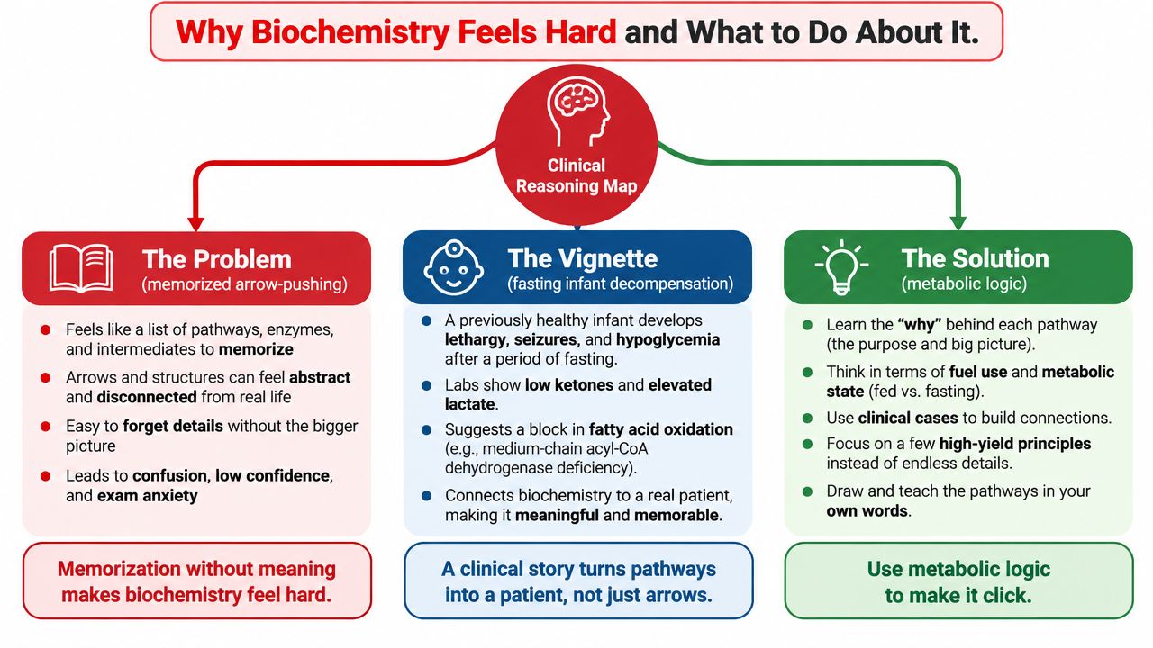 A flowchart explaining how to master biochemistry by moving from memorization to clinical metabolic logic.