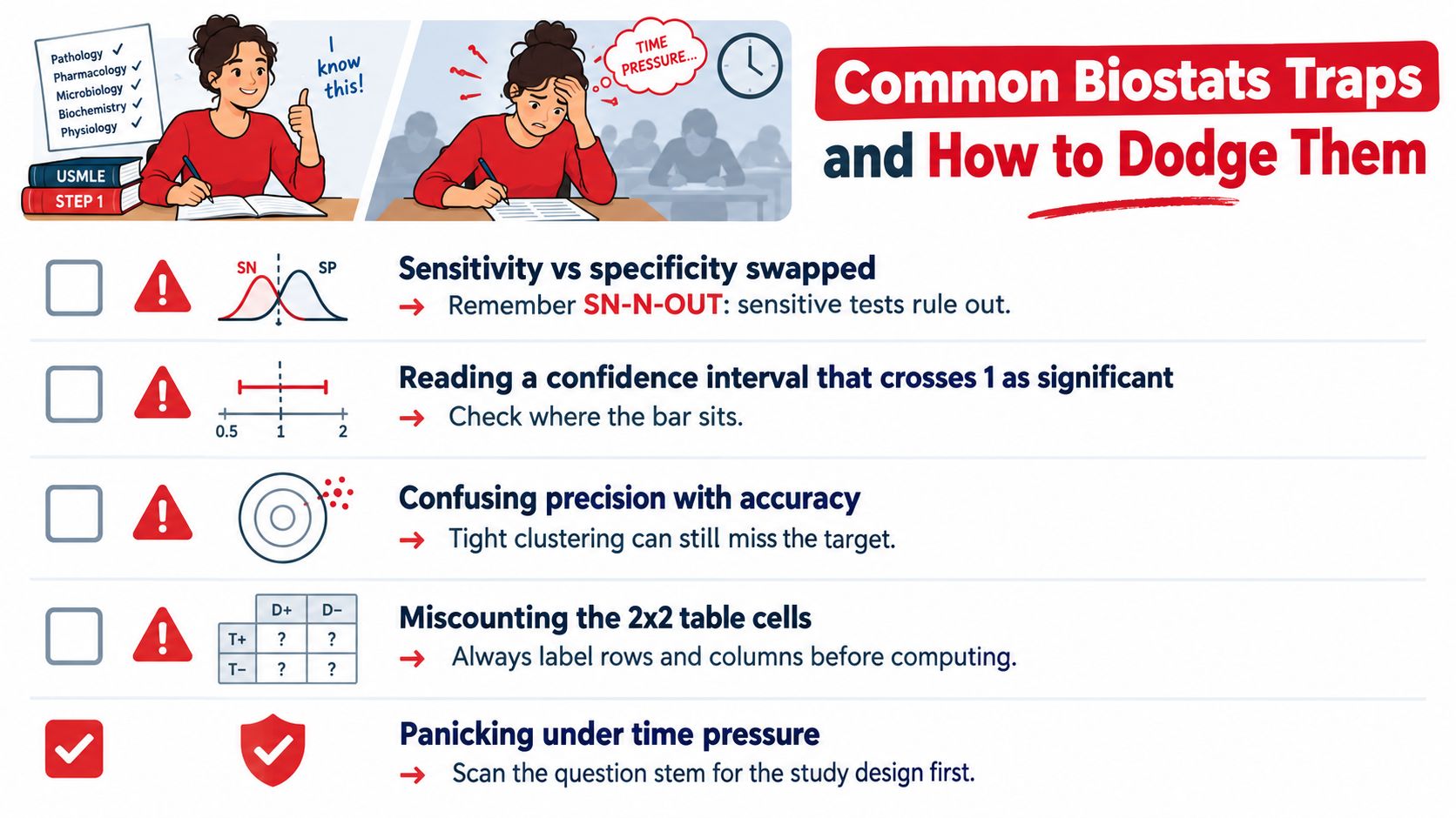 An educational infographic outlining common biostatistics traps for USMLE Step 1 and how to avoid them.