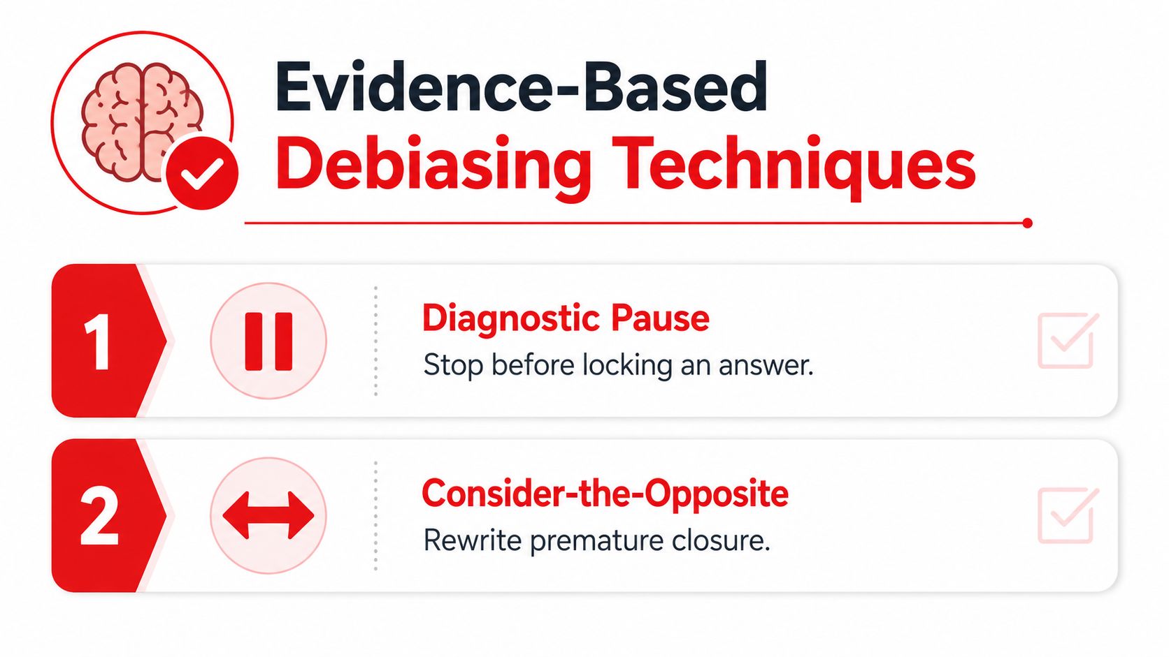 A graphic listing two evidence-based debiasing techniques: the diagnostic pause to stop before concluding, and consider-the-opposite to avoid premature closure.