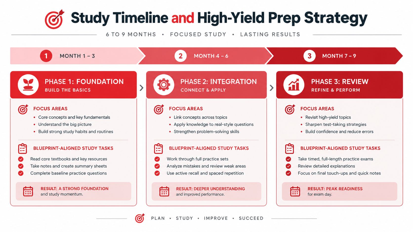 A structured three-phase study timeline guide for high-yield exam preparation, covering foundational, integration, and review stages.